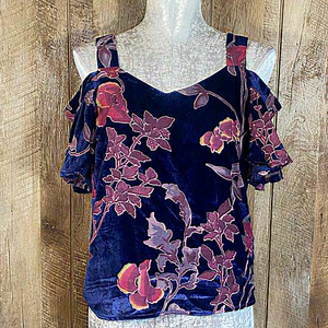 Lucky Brand Blue‎ Velvet Floral Tank with Flutter Sleeves Size XS